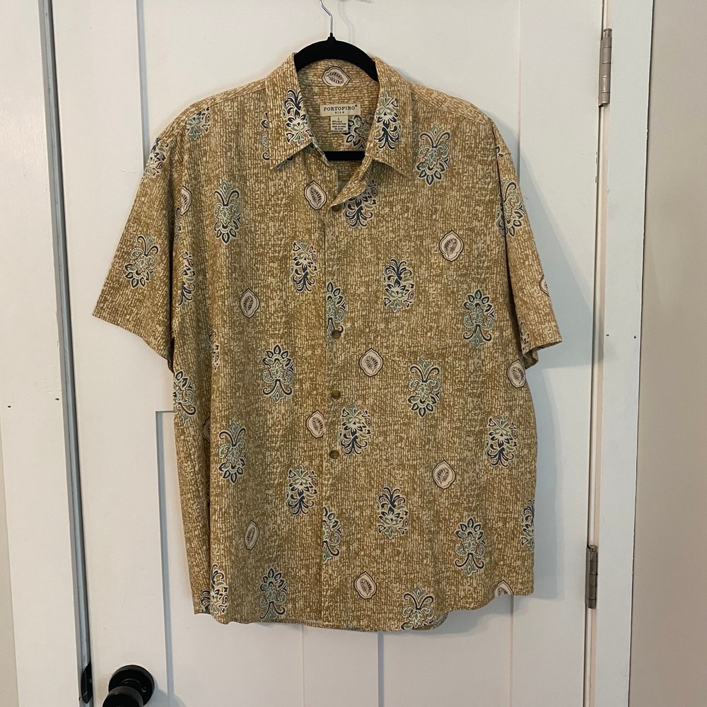 Portofino Silk Mens L Tan Medallion Print Silk Cotton Short Sleeve Shirt Luxe
